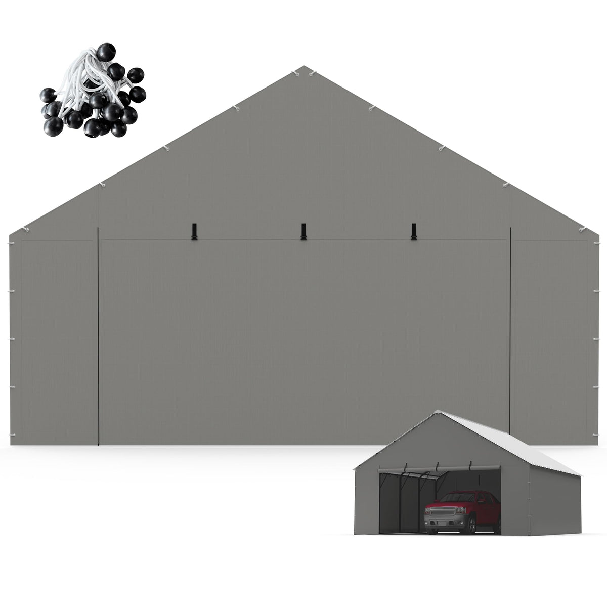 FLOUREE Metal Carport Zipper Door Replacement Fits 20'x16' 20'x20' 20'x25' 20'x26'Heavy Duty 220g PE Tarp, Waterproof UV Resistant Roll-Up Cover with Bungees, Gray (No Frame)