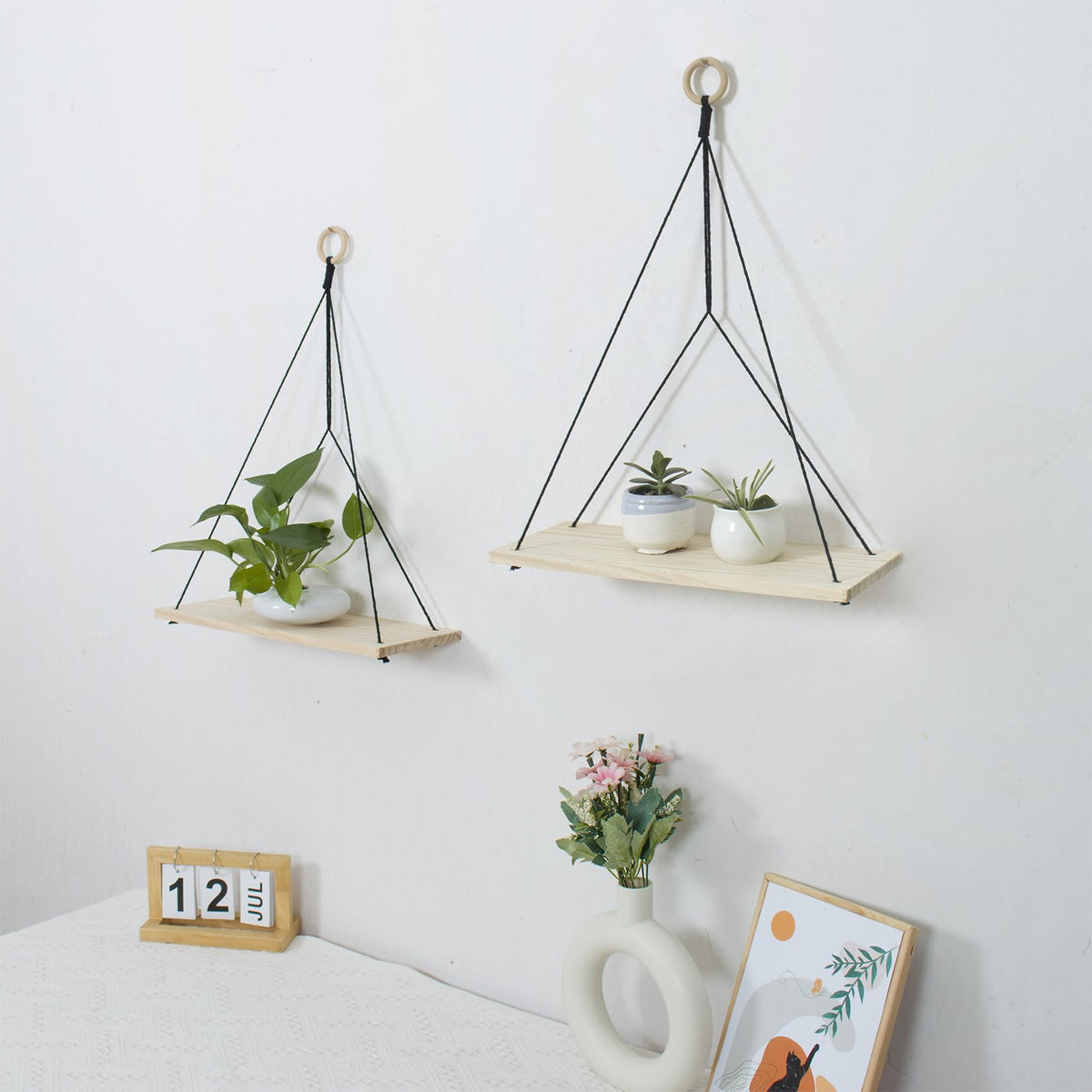 HVEST Macrame Wall Hanging Shelf Set of 2, Black Geometric Macrame Wall Art Wooden Floating Hanging Shelf Black Woven Decor Plant Hanger Handmade Woven Tapestry for Bedroom Living Room Home Decor