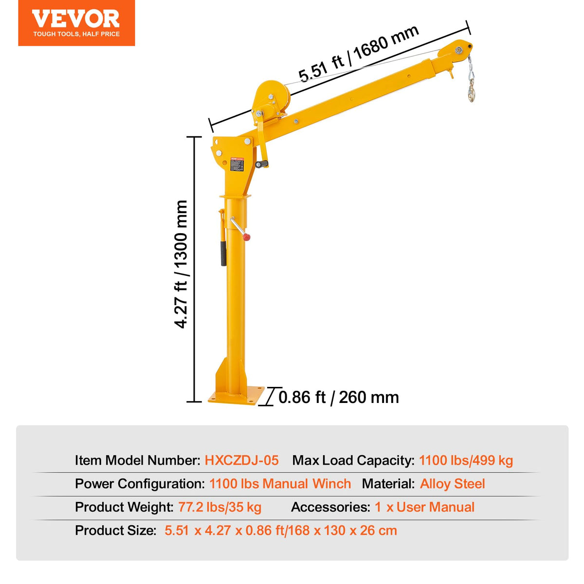 VEVOR Pickup Truck Crane with 1100 lbs Manual Winch, Folding Truck-Mounted Bed Crane, Steel Pickup Truck Jib Crane Hoist 360° Swivel for Lifting Goods in Construction, Factory
