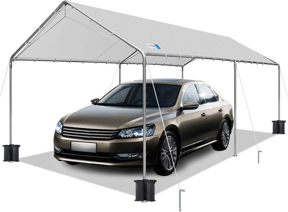 Carport Canopy 10'x20' Heavy Duty Carport, Waterproof & UV Protected Garage Top Tarp Shelter Cover with Reinforced Steel Cables, Outdoor Portable Garage for Car, Boat Tent, Light Grey