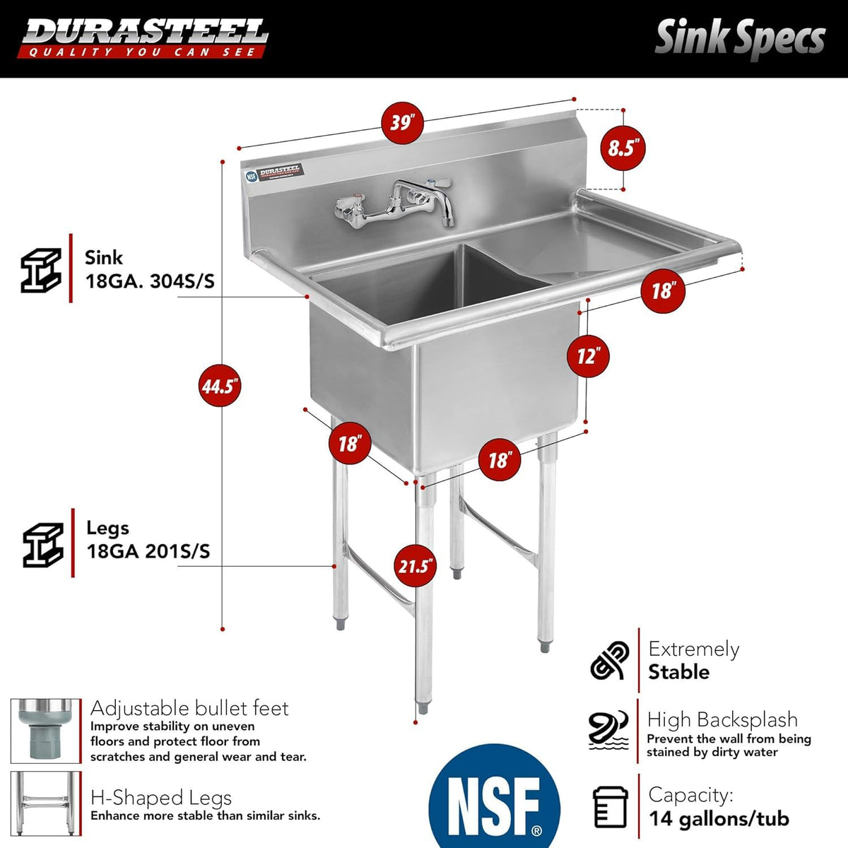 DuraSteel Commercial Stainless Steel Utility Sink - NSF 18 x 18 x 12 Bowl with Right Drainboard & Faucet - Freestanding Outdoor Kitchen Sinks, Outdoor Sinks, Laundry Sink, Garage Shop, Utility Tub