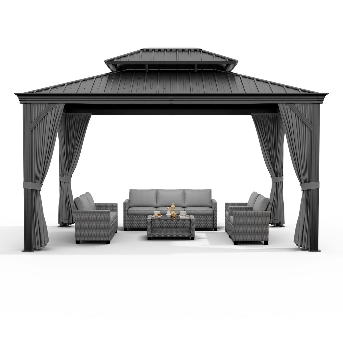 GAOMON Heavy Duty Aluminum Hardtop Gazebo with Double Roof – Mosquito Netting & Privacy Curtains – All-Weather Outdoor Pavilion for Patio, Garden, Deck, Backyard – Black Spray, Gray Cloth, Black Mesh,