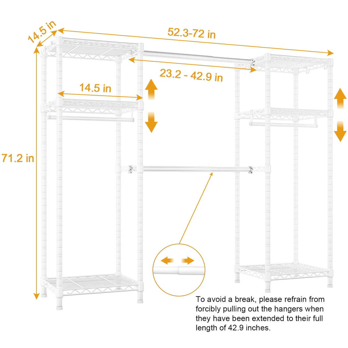 Ulif E7 Heavy Duty Garment Rack, Clothes Organizer and Storage Rack with Expandable Hangers, Metal Clothing Rack with 6 Wire Shelves, (52.3"-72") W x 14.5" D x 71.2" H, Load 838 LBS, White