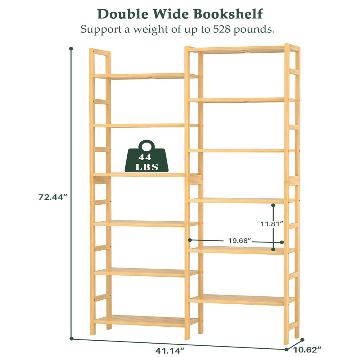 Homykic Double Wide Bamboo Bookshelf, 6-Tier Large Open Bookcase with 12 Display Shelves, 6ft Tall Freestanding Book Shelf for Home Office, Bedroom, Living Room, Plants, Natural