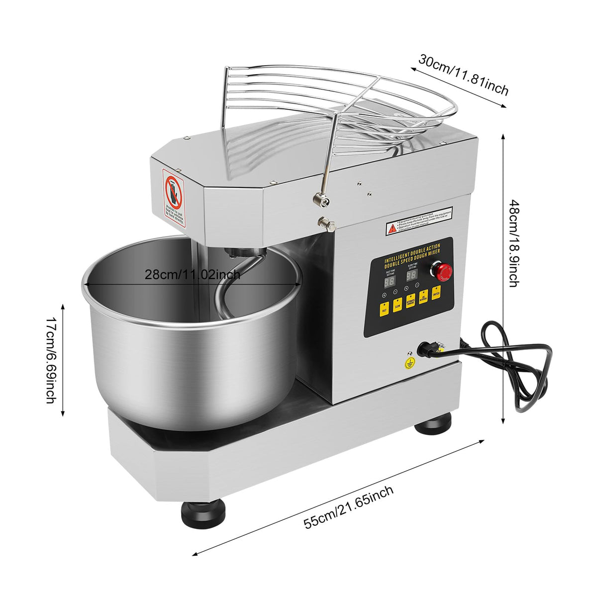 10L/2.6 Gal Commercial Food Mixer, 750W 110V Electric Spiral Mixer Rotation Speed 100/200R/Min Waterproof Level IPX1, Dough Kneading Machine for Dough, Salad, Cream
