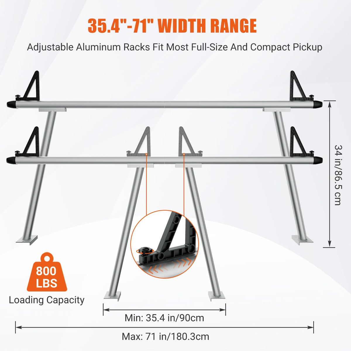Aluminum Truck Rack, 71"x34" Ladder Rack for Truck, 800lbs Capacity with 8 Non-Drilling c-Clamps, Heavy Duty Truck Bed Rack Two-Bar Set for Kayak, Lumber