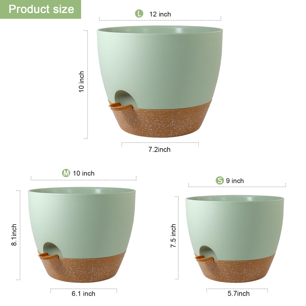 WSMKSZ Big Self Watering Pots 12/10/9 inch, Planter, Plant Pots with Mesh Drainage Holes for Indoor Outdoor Garden Plants, Plastic Flower Pots with Removable Deep Reservoir, Green with Brown