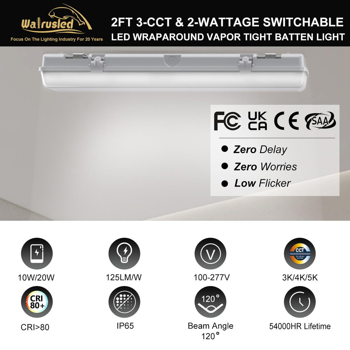 2FT LED Vapor Tight Light, IP65 IK08, 10W(1250lm)/20W(2500lm), 3/4/5000K CCT Selectable, 100-277V, Outdoor Waterproof Shop Light, Vapor Proof Lighting Fixture for Carport Parking Garage, FCC 2-Pack