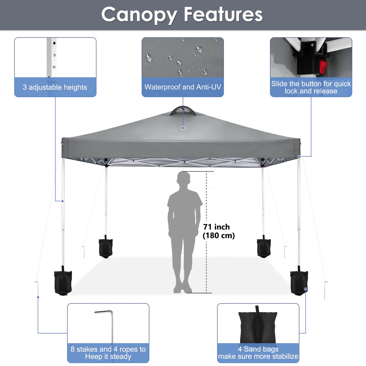 COBIZI Canopy 10x10 Pop Up Canopy Tent with 4 Sidewalls, One Push Party Tents for Parties Outdoor Wedding Waterproof Gazebo Commercial Event Tent with Sandbags, Pigeon Grey