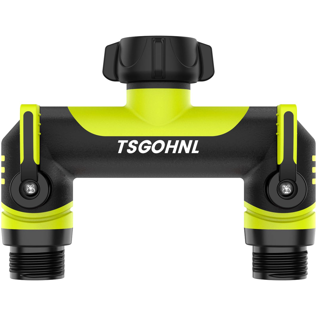 2 Way Garden Hose Splitter, 3/4 Inch Outdoor Faucet Splitter, Hose Manifold with Independent Shut Off Valves, Wide Spacing for Hose Timers, Sprinklers, Lawn, Yard and Garden Watering - Green