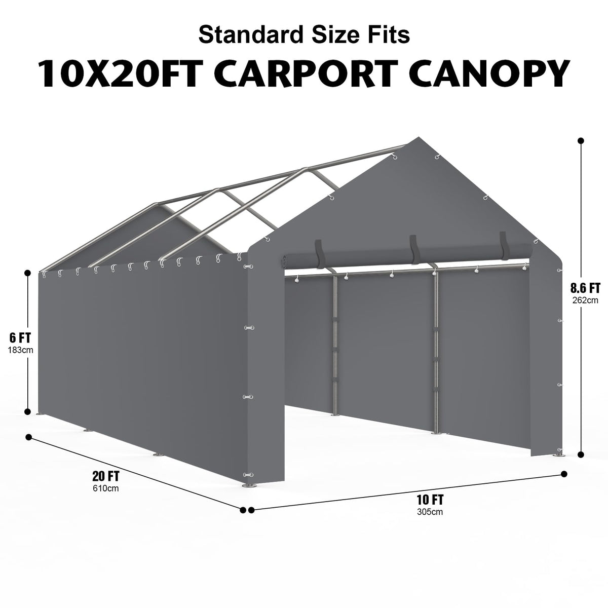 Carport Canopy Tent Sidewalls for 10x20x8.6FT Car Garage with Ball Bungees, Heavy Duty Portable Shelter Logic Replacement Covers (Frame is not Included) (Grey)