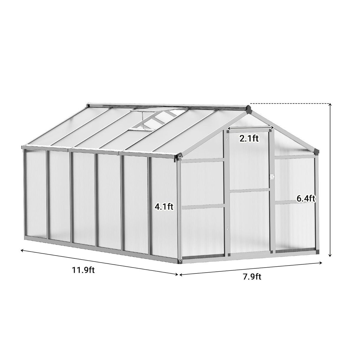 8x12 FT Greenhouse, Easy Assembly Aluminum Polycarbonate Greenhouses for Outdoors with Roof Vent, Large Aluminum Walk-in Greenhouse for Sunroom Patio, Backyard, Garden, Sliding Lockable Door, Silver