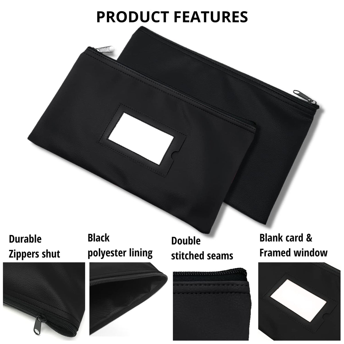GIDABRAND Money Bank Deposit Bag with zipper | 11x6 inch | Black | Durable Leatherette Money Cash Coin Check Wallet Pouch for Men & Women with Framed ID Window and Blank Card (3)