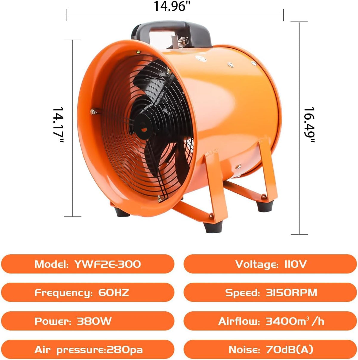 12-Inch High-Velocity Portable Utility Blower Fan, Industrial Exhaust Fan with 33ft Flexible Duct Hose, 3150 RPM Low-Noise Ventilator for Basements, Workshops, Warehouses, and Confined Spaces