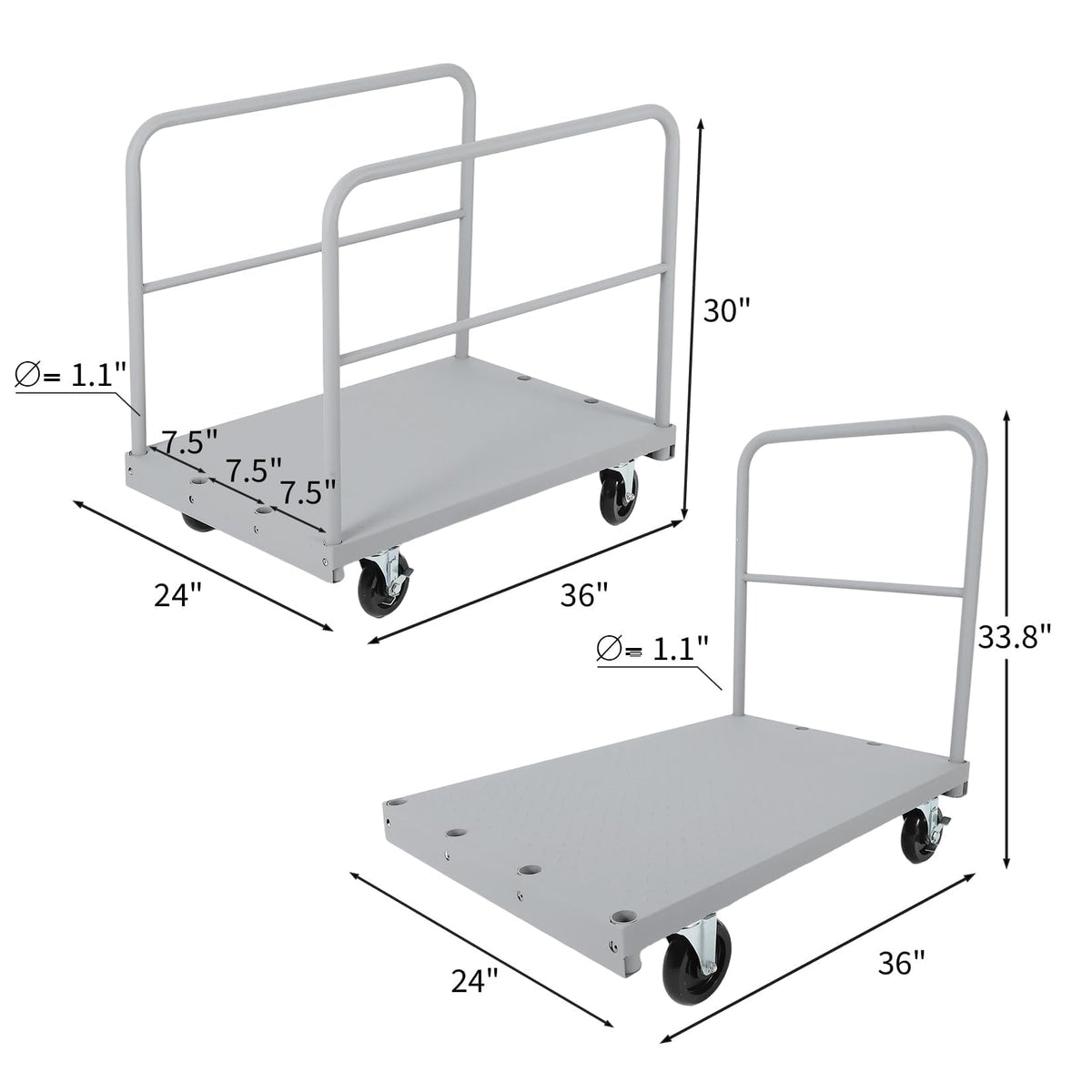Steel Panel Truck Cart 36x24 inch, 2 in 1 Industrial Grade Platform Truck with 2200 LBS Capacity, Heavy Duty Drywall Dolly with 2 Removable Side Handrails & Swivel Wheels