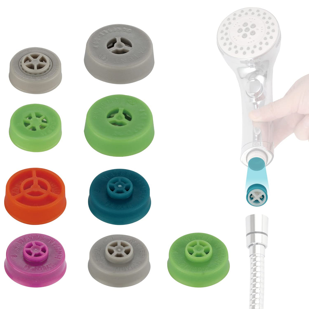 Hibbent 9-Piece Water Flow Restrictor Set, 1.5/1.75/2.0/2.5/3.0 GPM Shower Head Flow Reducer Limiter, Flow Control Valve, Water Saver Adapter Set for Bathroom Fixed or Handheld Showerhead