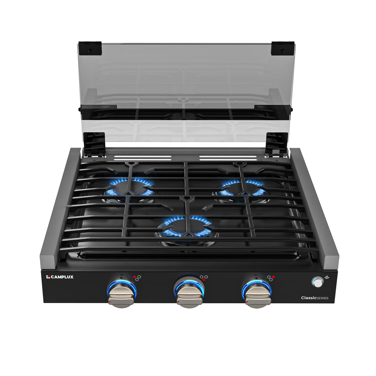 CAMPLUX Classic RV Stove 3 Burners 21,000 BTU, 21 Inches Propane Cooktop with Tempered Glass Cover, RV Stove Top, Slide-in for Camper Trailers, Motorhomes, and Boats, Black RGH21IB