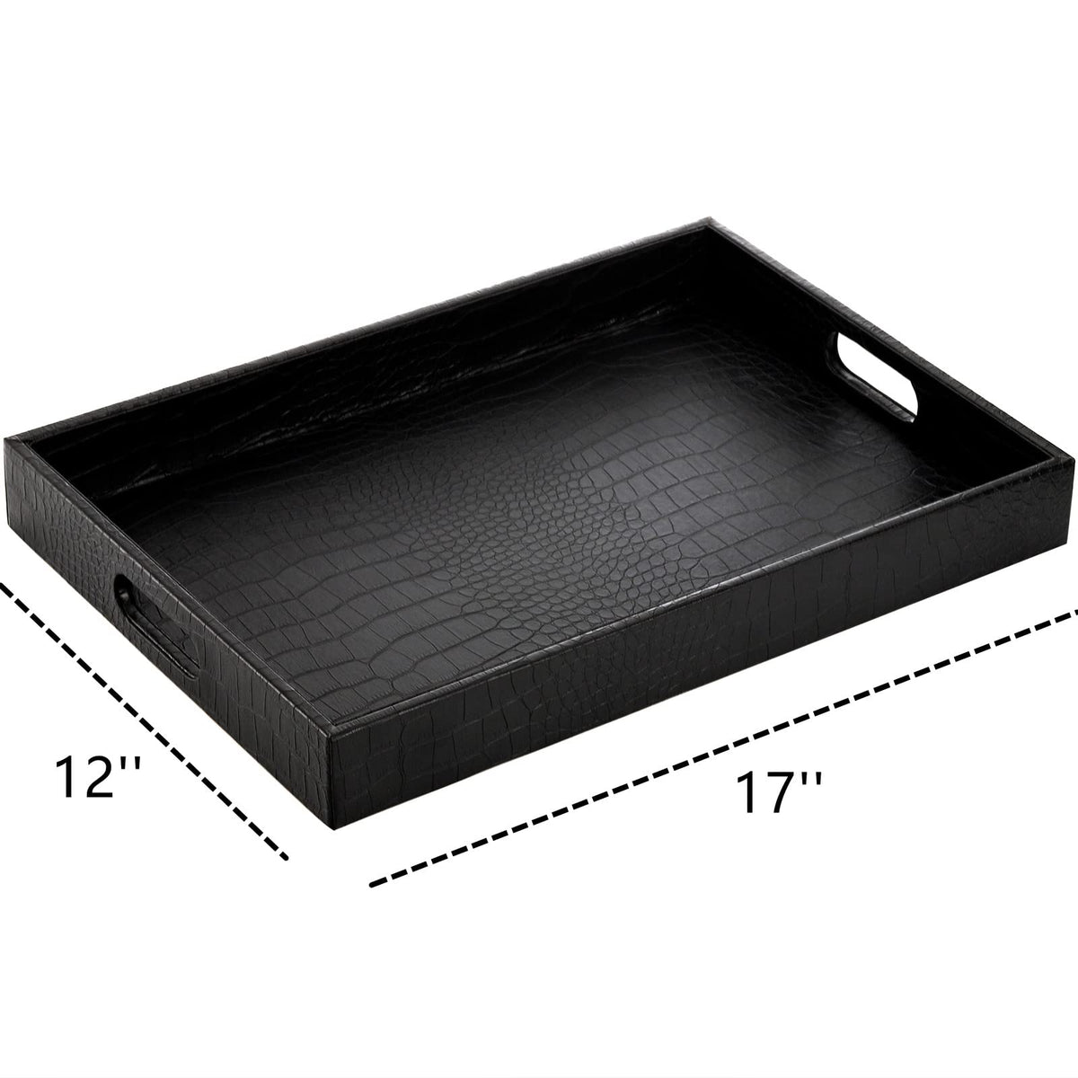 Lyellfe Black Serving Tray with Handles, Decorative Ottoman Tray in Alligator Faux Leather, 17x12 Inch Rectangular for Coffee Table, Living Room, Bed or Dressing Table