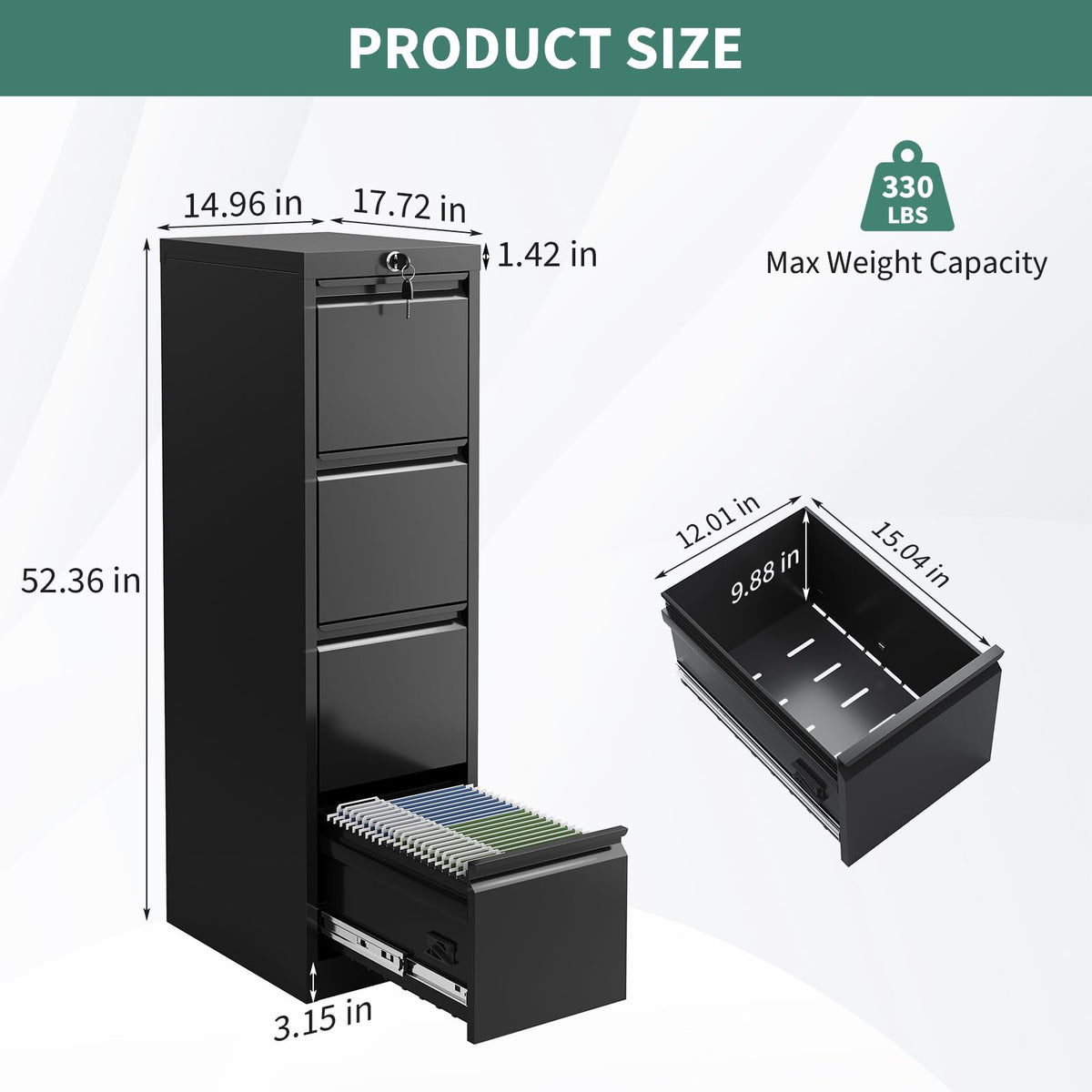 4 Drawer Vertical File Cabinet, Cold-Rolled Steel Locking Filing Cabinet with Anti-Tilt System, 330 Lbs Weight Capacity, Powder Coated Black, for Letter/Legal/A4/F4 Files, Home Office Commercial Use