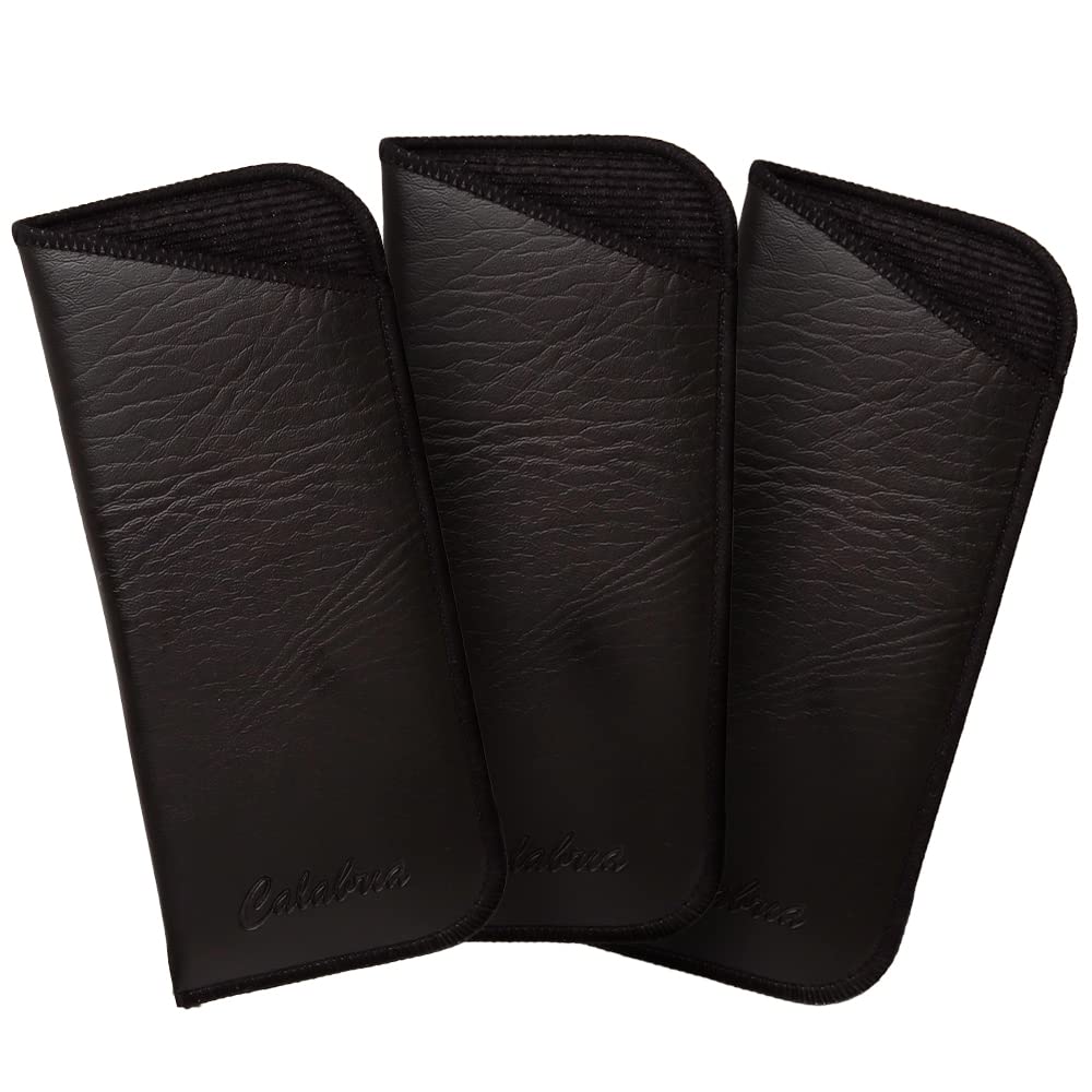 Calabria PU Flat Soft Eyeglass Case 3 PACK-BLACK Syn.Leather &Felt Lined NO CLIP