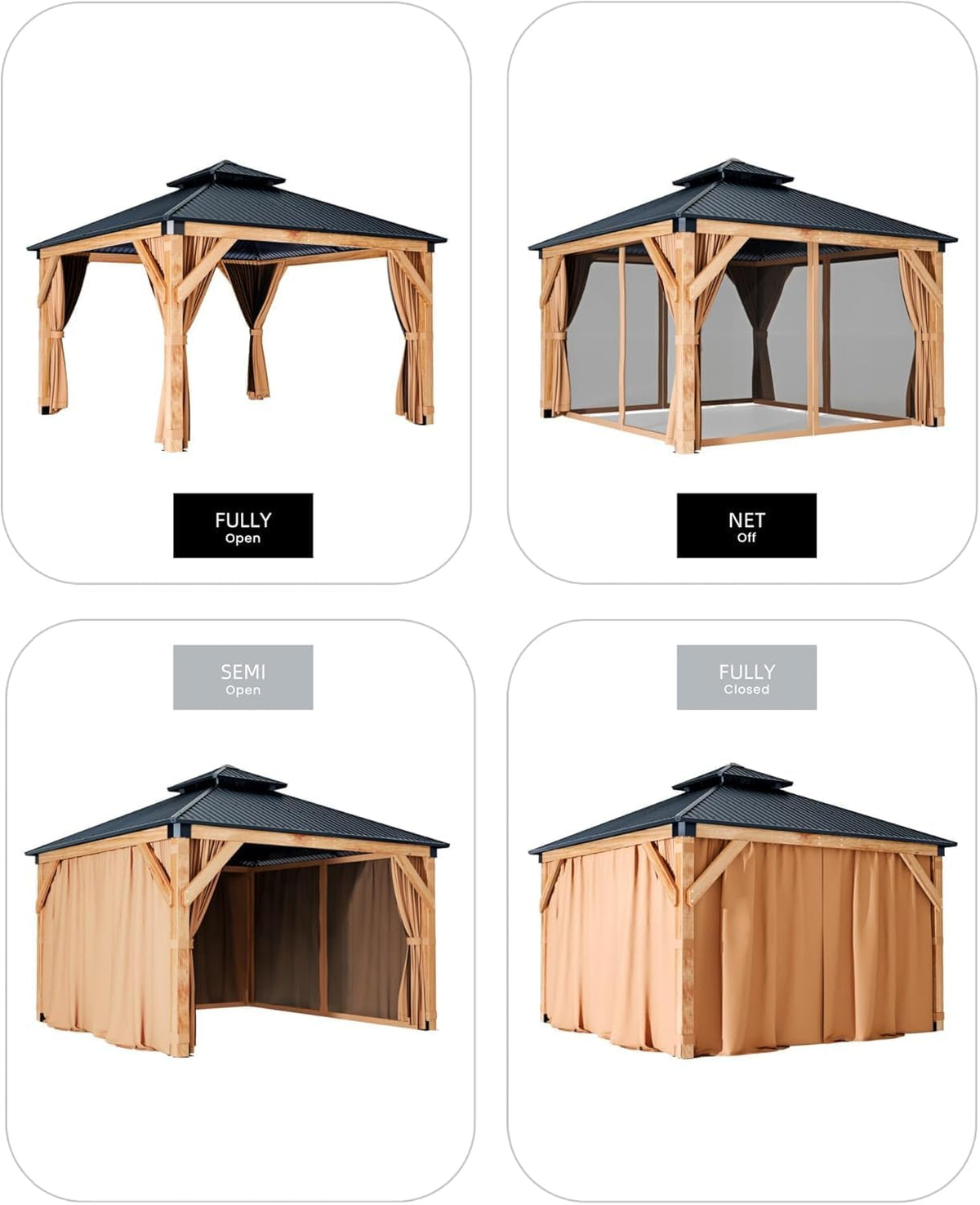 PeakPursuit Heavy Duty Hardtop Spruce Wood Gazebo 10'x10' – Double Metal Roof, 4.7'' Reinforced Poles, Waterproof Outdoor Pavilion with Curtains & Mosquito Netting – Ideal for Patio, Deck, Backyard