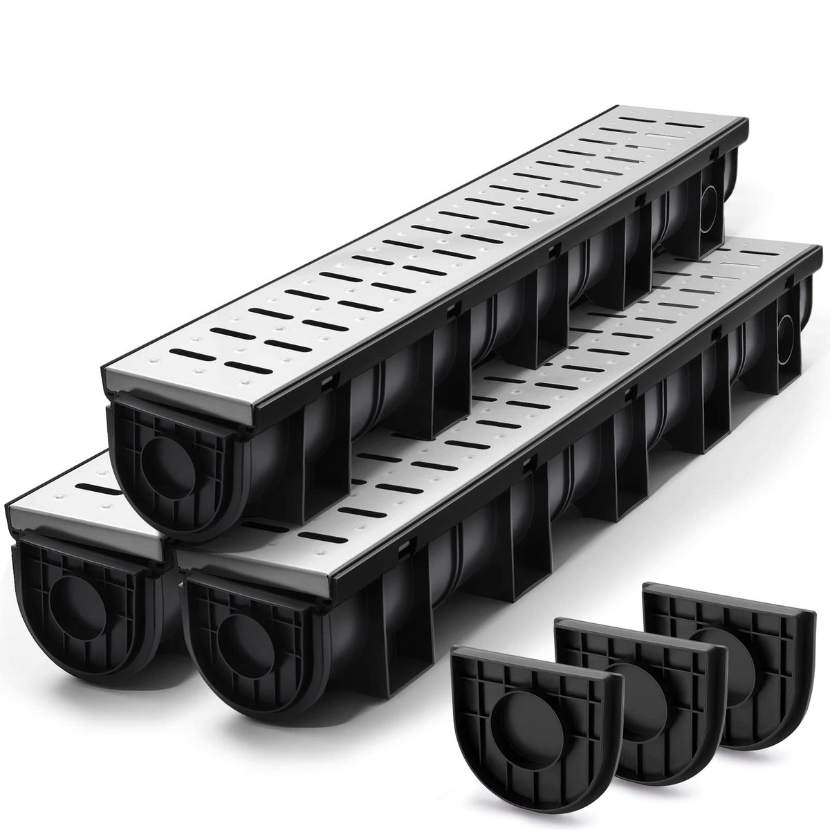 Amylove 3 Set Black Driveway Channel Drain with Stainless Steel Grate and Plastic End Caps 39.4 x 5.9 x 5.1 Inches, Outdoor Garage Floor Drainage Trench Systems for Lawn Landscaped Garden Pool