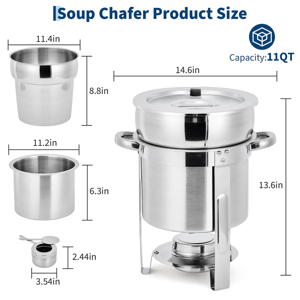 Commercial 11QT Soup Chafer Set, 2 Pack Stainless Steel Round Food Warmers Set with Pot, Notched Lids & Fuel Containers, Soup Warmers Ideal for Buffet Service & Event Catering
