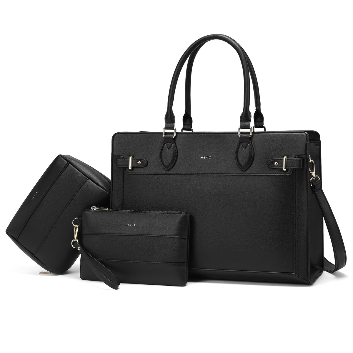 Keyli 3pc Sets Laptop Tote Bag for Women 15.6 Inch Work Bag Business Computer Briefcase Waterproof Leather Laptop Purses Casual Shoulder Handbag Messenger Bags for Travel Teacher Office Black