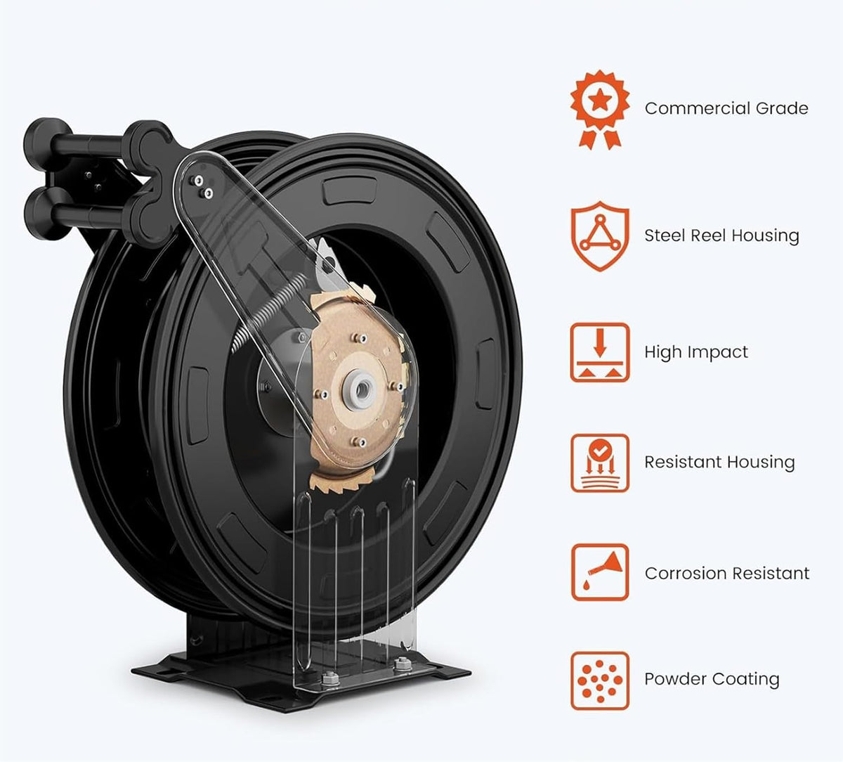 Retractable Hose Reel, Double Arm 3/8 in x 50 ft Heavy Duty Steel Professional Power Wash Hose Reel for Oil/Air/Water 4000 PSI with 5 ft Lead [Pressure cleaning hose not included ]