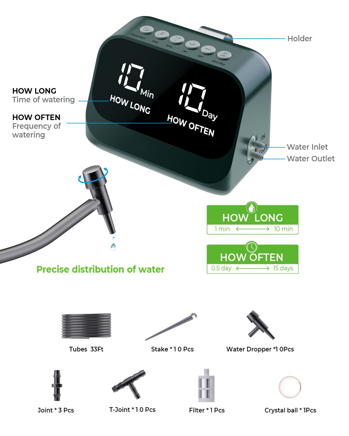 Automatic Watering System for Potted Plants, Plant Waterer, DIY Drip Irrigation Kit with Smart Timer, Waterproof LED Display & Large Capacity Battery, Precise Distribution of Water (Green)