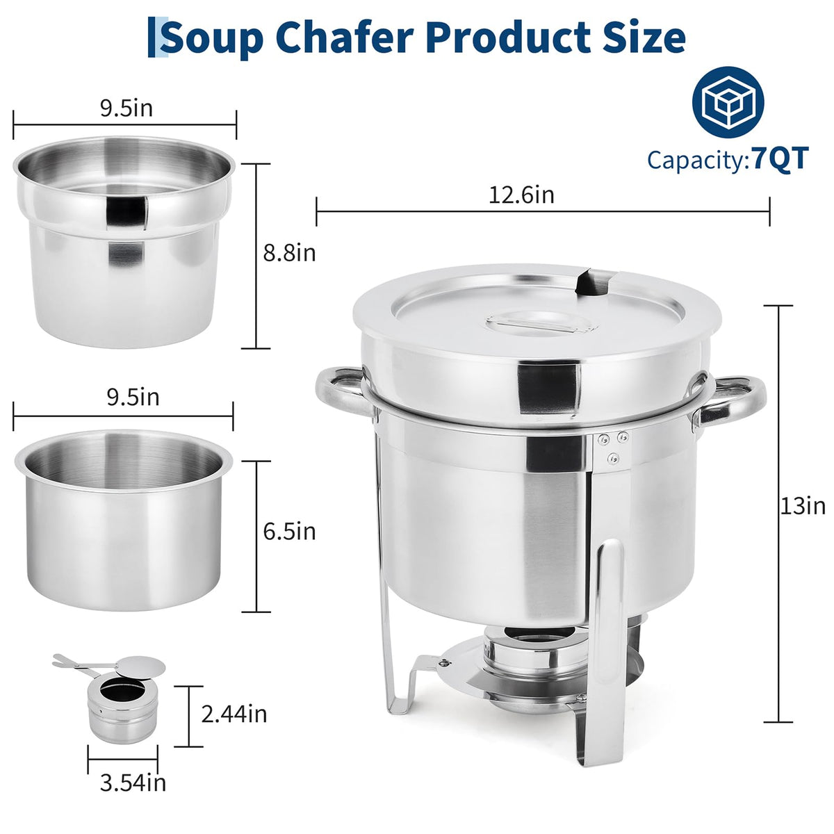 GarveeHome 7QT Soup Chafer Set of 2, Stainless Steel Round Soup Warmer with Pot, Notched Lids & Fuel Holders, Commercial Food Warmer for Buffets, Events and Party Service