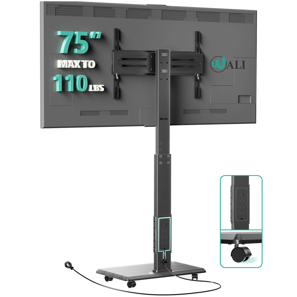 WALI Rolling TV Stand with Power Outlet, Mobile Tall TV Stand Mount on Wheels for 39-75 inch TV up to 110 lbs, Swivel Height Adjustable TV Cart with Wood Base for Bedroom(TVDVD-7PR), Black