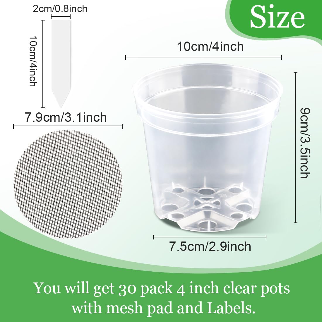 4 Inch Clear Nursery Pots for Plants, Plastic Plant Pot with Drainage Holes, Sturdy Seed Starter Pots, Small Transparent Seedling Pots with Plant Labels and Soil Screens, Gardening Gifts(30 Pack)