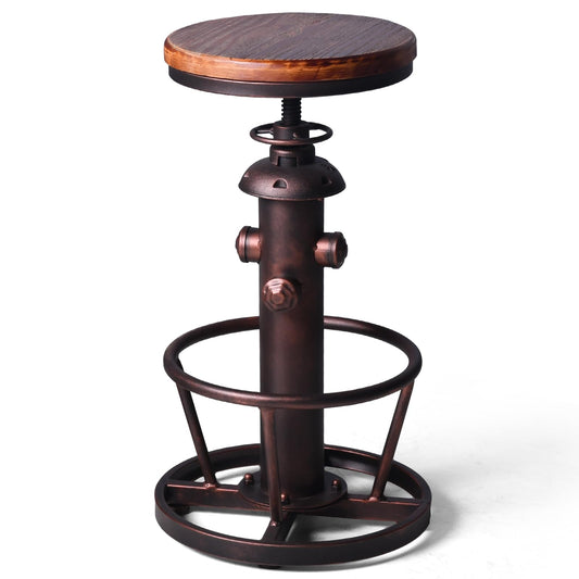 BOKKOLIK Vintage Swivel Bar Stool Industrial Coffee Kitchen Dining Chair Fire Hydrant Design Height Adjustable 24.8-30.7inch Solid Wooden Seat
