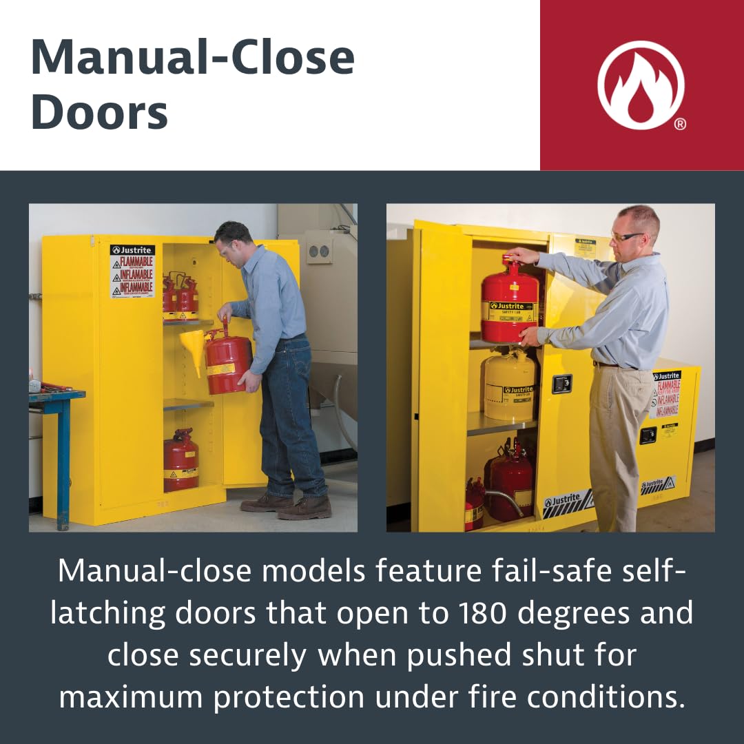 Justrite 12 Gallon Manual Close Piggyback Flammable Storage Cabinet, 18 Gauge Steel, 2 Door Fire Cabinet, 18" x 43" x 18", Made in The USA, Yellow, 891300