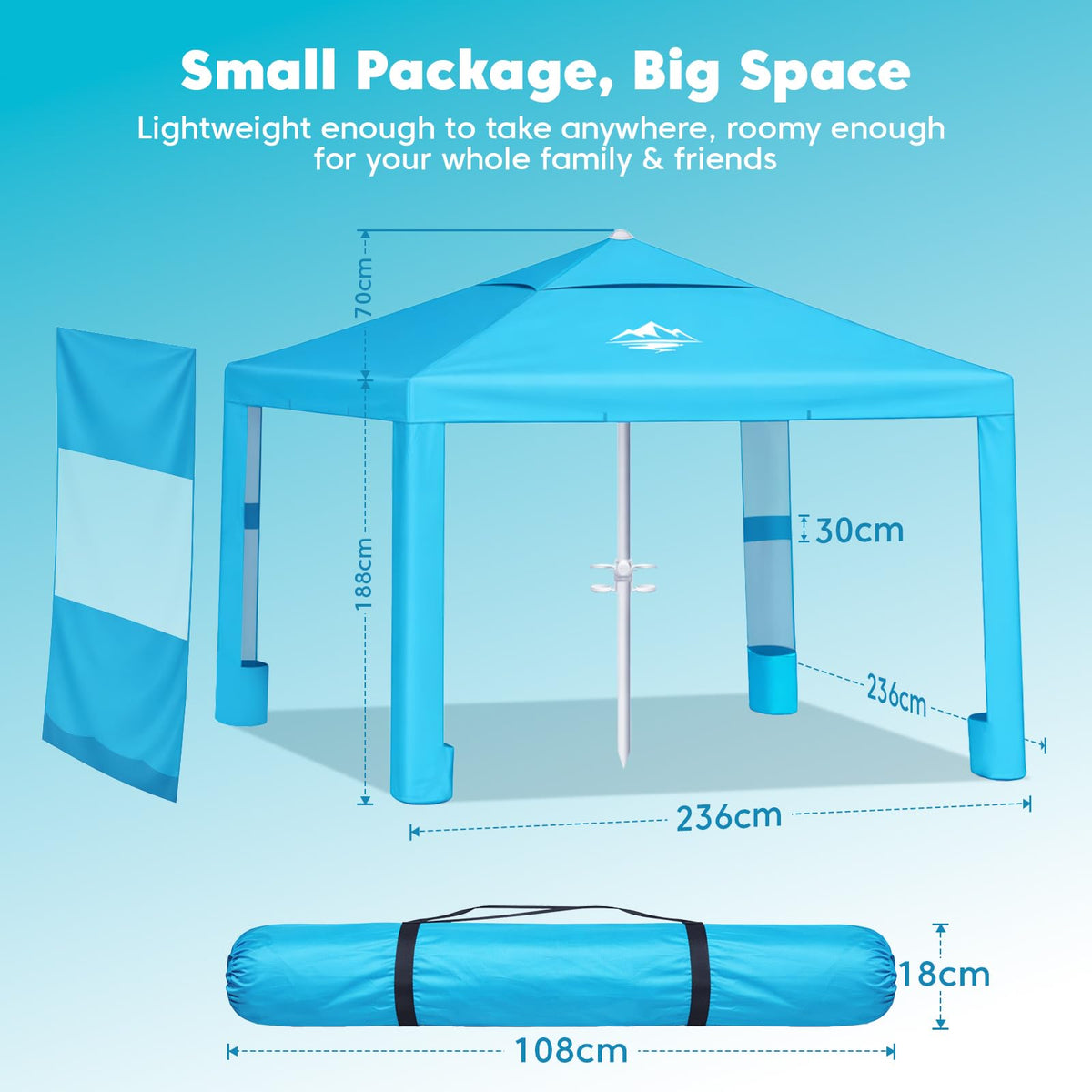 Purebox Beach Tent Shade Canopy - 8 * 8FT UPF50+ Beach Umbrella Sun Shelter 3Min Setup for 8 Person Cabana Tent with Sand Pockets Removable Side Walls Instant Sun Shade for Family, Camping, Fishing