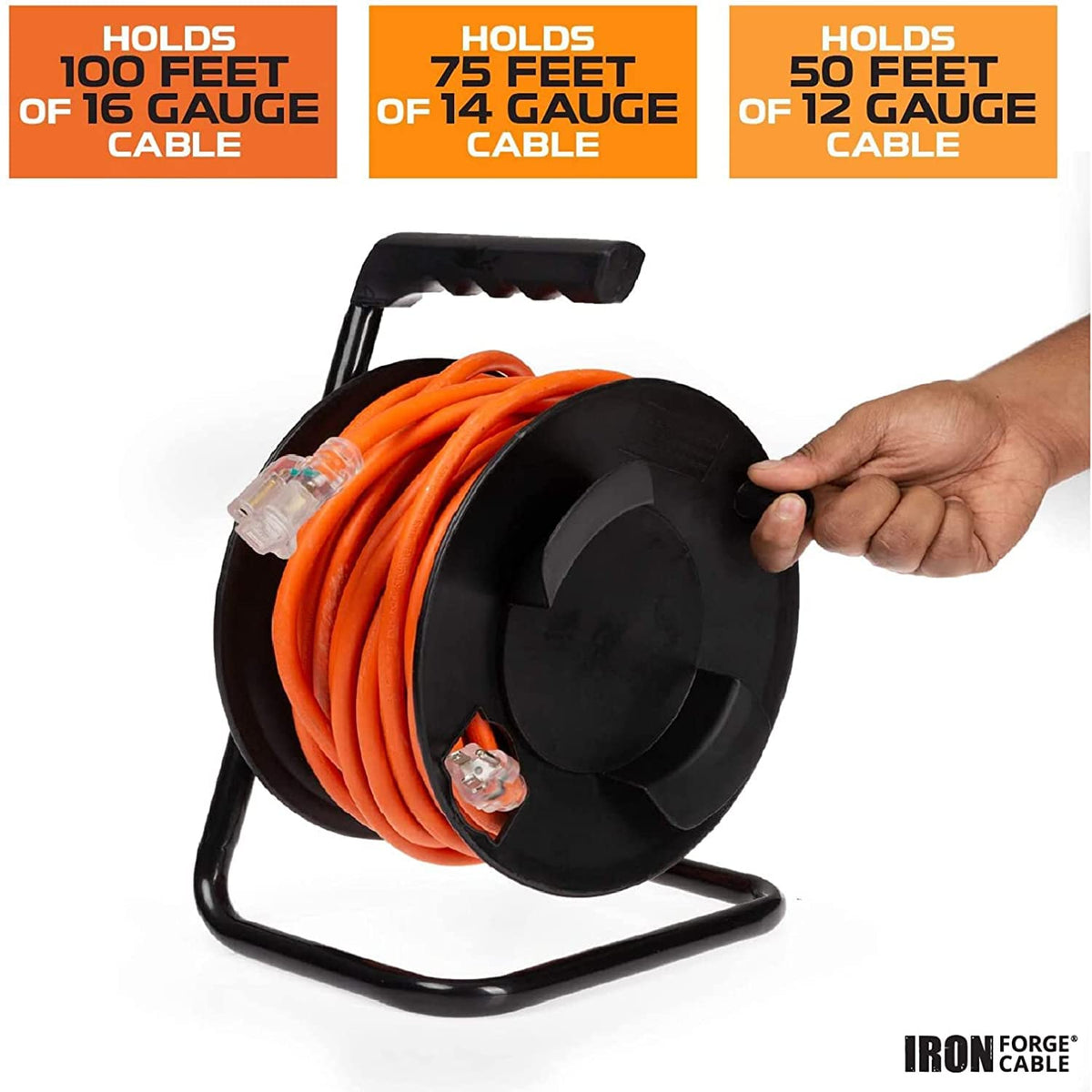 Iron Forge Cable 10 AWG Extension Cord 50 ft with Heavy Duty Extension Cord Reel Metal Stand, Holds Up to 100 ft of Extension Cord - 3 Prong Yellow with Lighted Ends SJTW