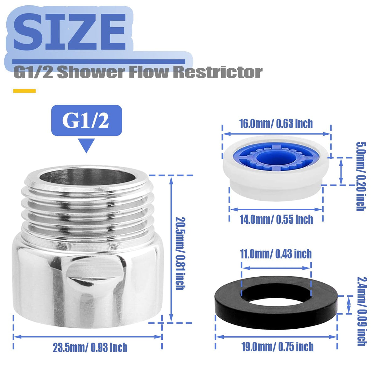 Mesee 2 Sets G1/2 Shower Flow Reducer Limiter Kit, 7 Different Shower Head Flow Restrictor 1.2/1.5/1.8/2.0/2.2/2.5/3.0 GPM with Water Flow Saver Adapters Control Valve for Fixed Handheld Shower Head