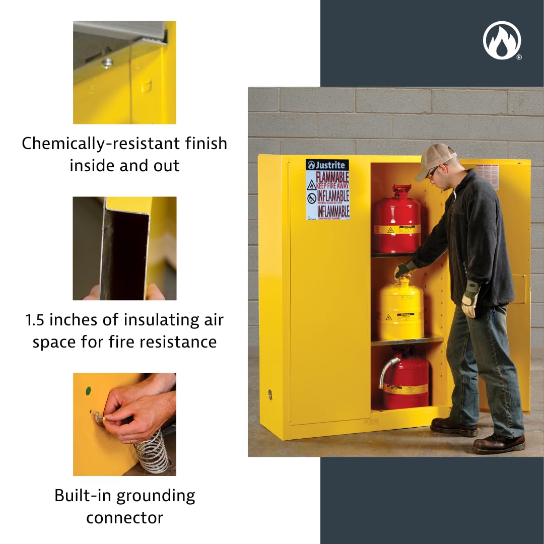 Justrite 45 Gallon Manual Close Flammable Storage Cabinet, 18 Gauge Steel, 2 Shelves, 2 Door Fire Cabinet, 65" x 43" x 18", Made in The USA, Yellow, 894500