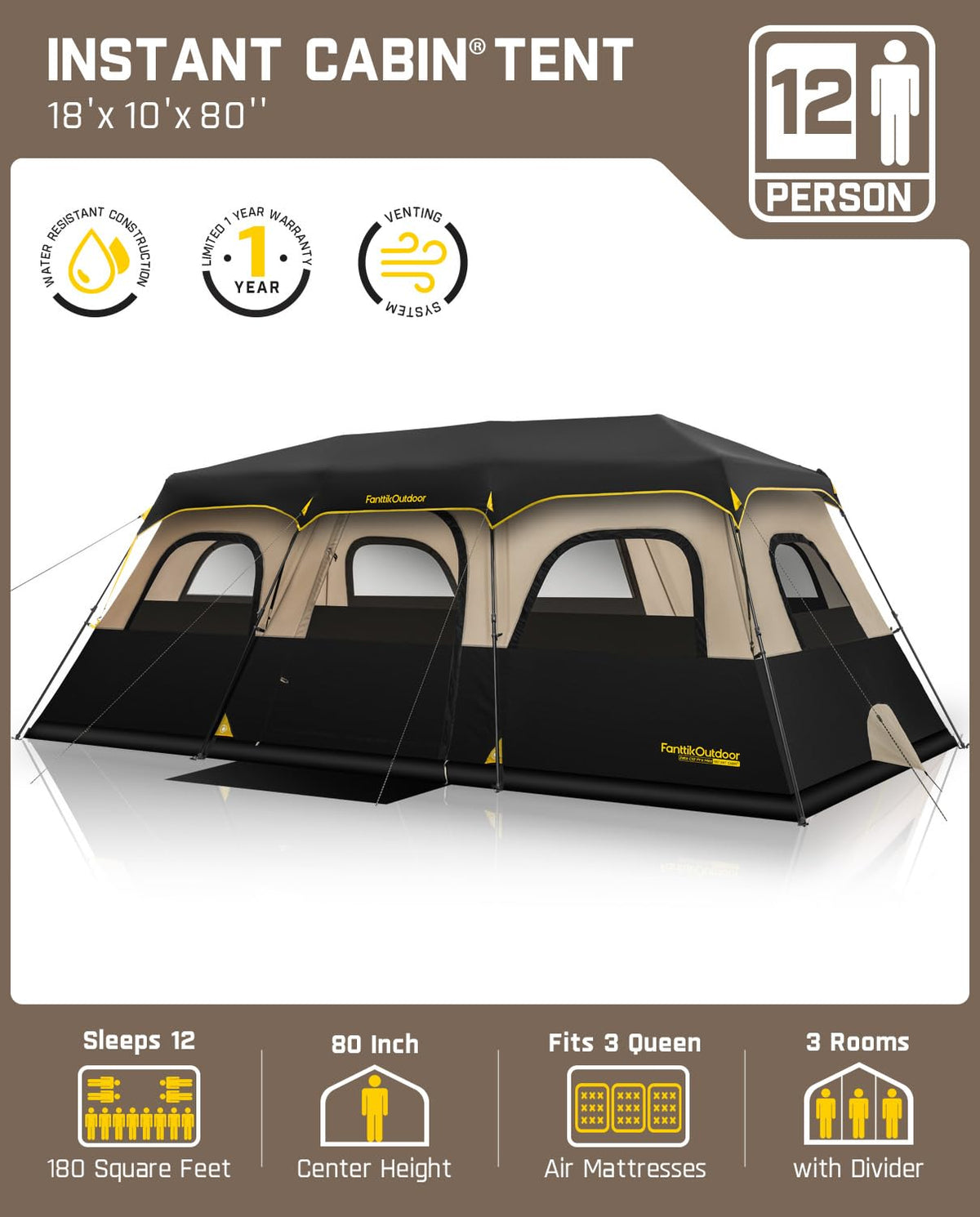 FanttikOutdoor Zeta C12 Pro Max Instant Cabin Tent 12 Person Camping Tent Setup in 90 Seconds with Rainfly & Windproof Portable with Carry Bag for Family Camping & Hiking, Upgraded Ventilation, Khaki