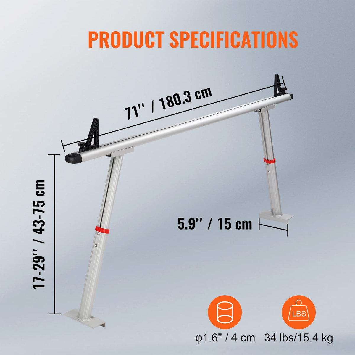 VEVOR Truck Rack with 8 Non-Drilling C-Clamps, 19-34in Adjustable Height Aluminum Ladder Rack for Truck, 800 lbs Capacity Heavy Duty Truck Bed Rack Two-Bar Set for Kayak, Surfboard, Lumber, Ladder