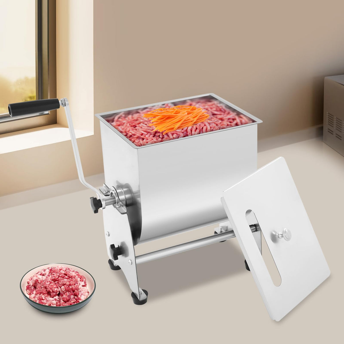 Meat Mixer, 22/44lbs Manual Stainless Steel Tilt Tank Hand Crank Sausage Mixer Machine Commerial Food Mixer with Removable Paddle for Home Deli Butcher Mixing Vegetables Spices (Tilt-type, 22lbs)