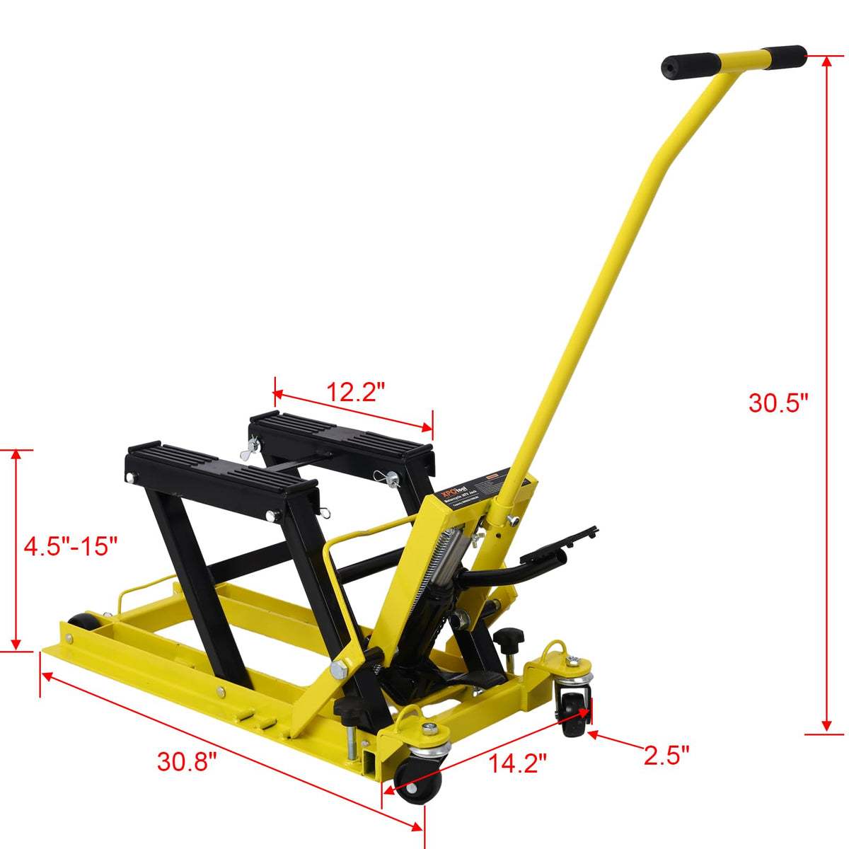 Hydraulic Motorcycle Lift Jack, 1500 LBS Capacity ATV Scissor Lift Jack, Hydraulic Foot-Operated Motorcycle Lift Table with 4 Wheels, 4.5"-15" Lifting Range Steel ATV Lifts Stand Hoist Yellow