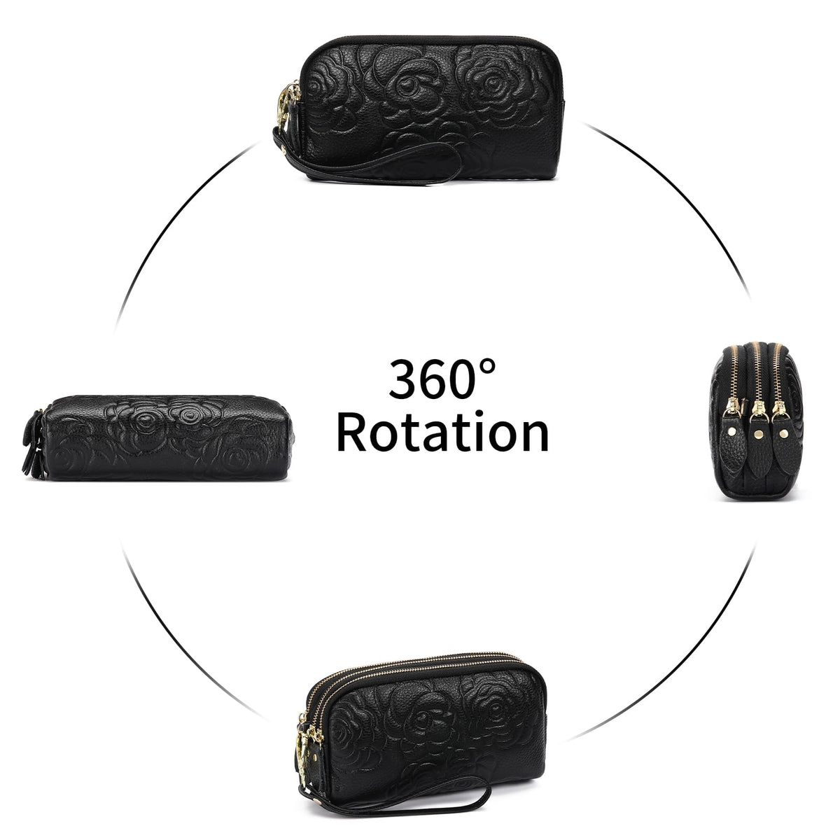 GOIACII Wristlet Wallets for Women Leather Womens Wallet Large Capacity Clutch Purse Handbags 3 Zippers with Strap Black