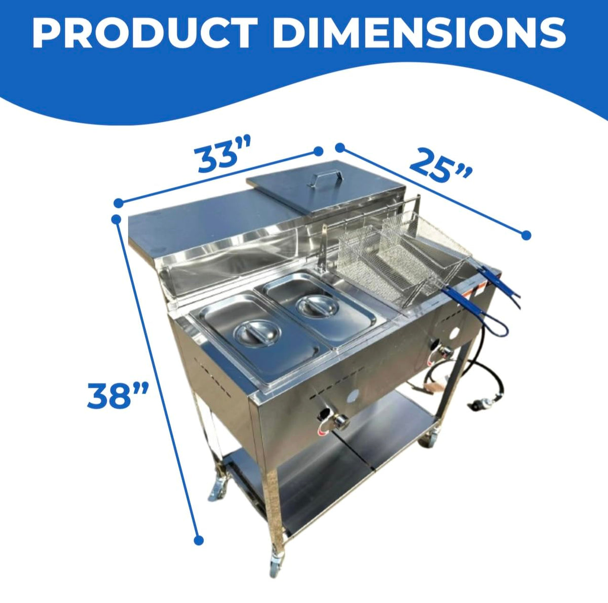 Deep Fryer Cart | 2 Fry Baskets | 3 Gallon Single Tank | 2 Pan Steam Table | Portable 4 Wheel | Stainless Steel | Outdoor Propane Frying Cart for Chicken, Fish, & More | Commercial & Home
