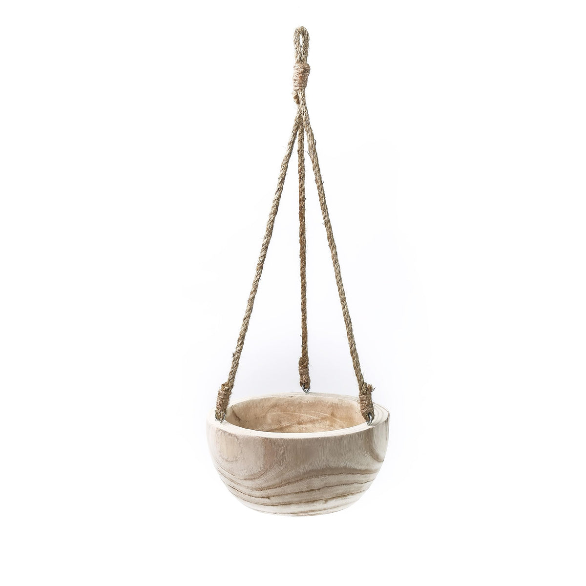 CYS EXCEL Meduim Wooden Hanging Planter Paulownia Wood Bowl Basket with Jute Rope for Indoor Plants Succulents