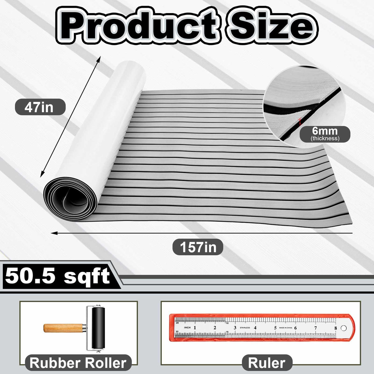 Duraaamo Boat Flooring EVA Foam 157"/ 118" x 47" Boat Decking Non Slip Marine Self Adhesive Carpet with Roller Ruler for Kayak Yacht Motorboat(Grey,157.5'' X 47.2'',Stripes)