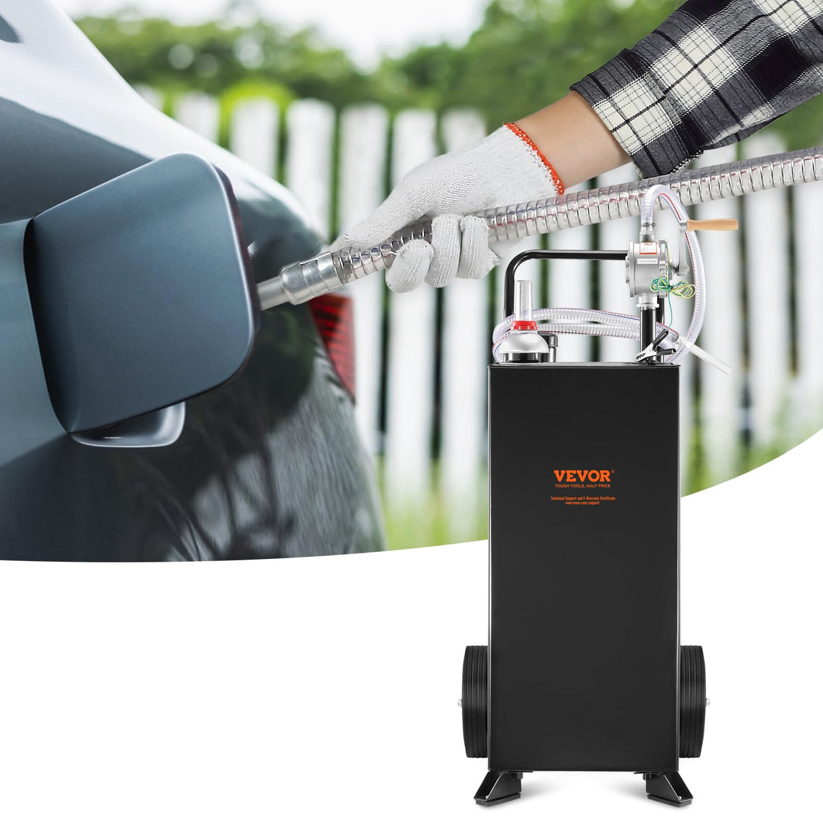 VEVOR 30 Gallon Gas Caddy - Portable Fuel Storage Tank with 2 Wheels & Manual Transfer Pump, Diesel & Gasoline Fuel Container for Cars, Lawn Mowers, ATVs, Boats, Black
