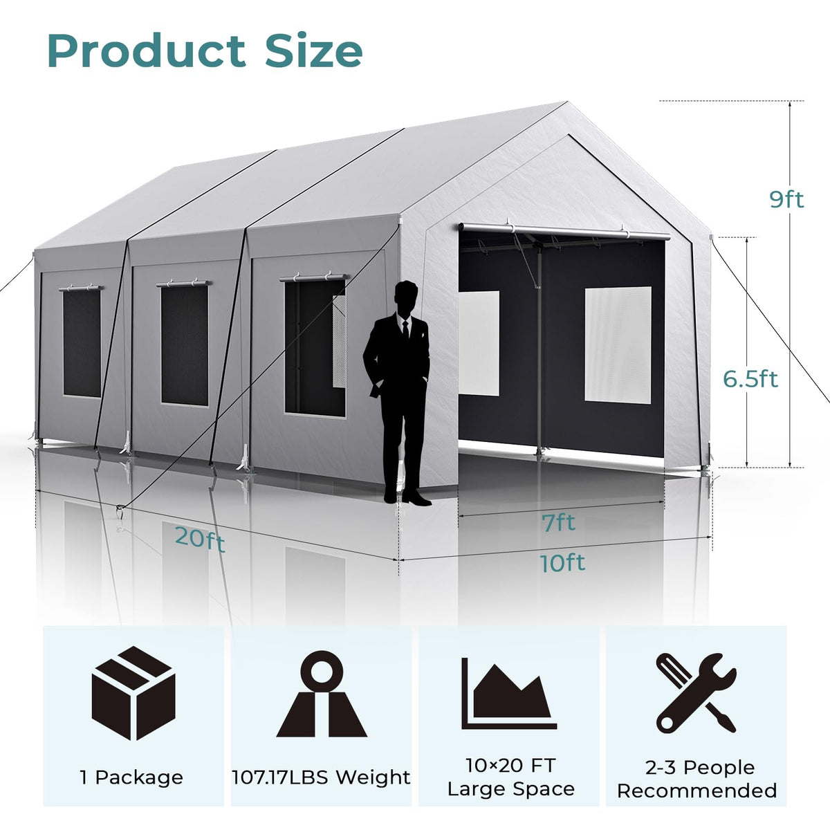 Carport 10x20 ft Heavy Duty, Car Port with Reinforced Steel Frame and 6 Roll-up Windows, Portable Garage with Sturdy Ground Nails, Waterproof All-Season Car Canopy for Boat, Truck, Grey