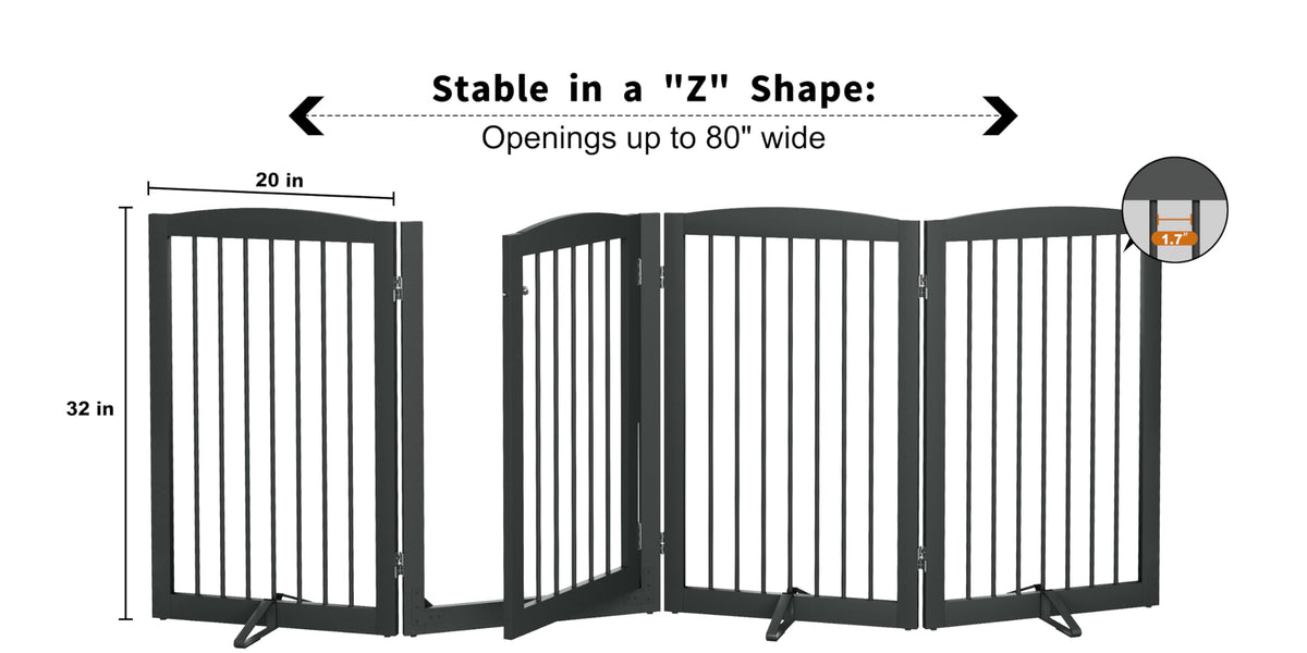 PUPETPO Freestanding Dog Gates with Door Walk Through, Pet Gate for Stairs, 80 inch Wide Gates Indoor, Dog Fences Indoor, Support Feet Included, 4 Panels, 32" Tall, Grey